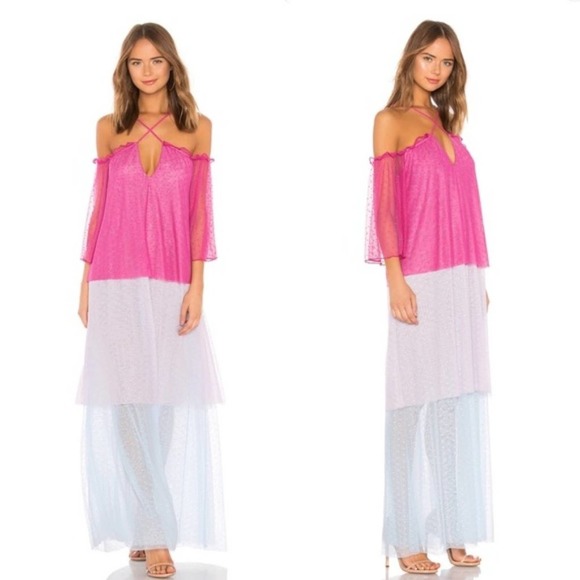 X Revolve House of Harlow Maxi Dress Barbie Pink Blue Tiered Frida Ruffle XS - Picture 3 of 6